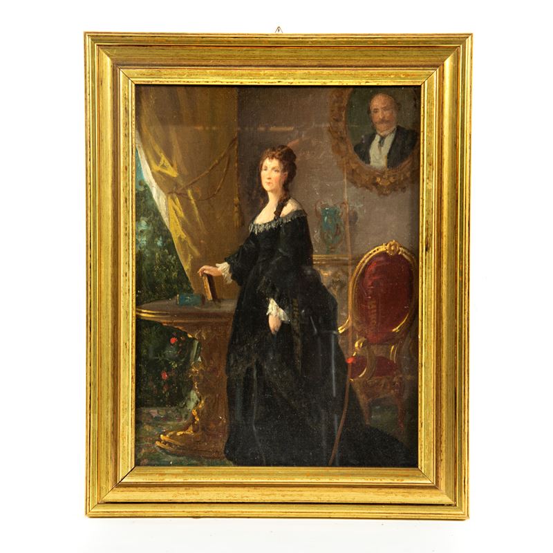 Pittore del XIX secolo, Interno con ritratto di nobildonna, olio su tela