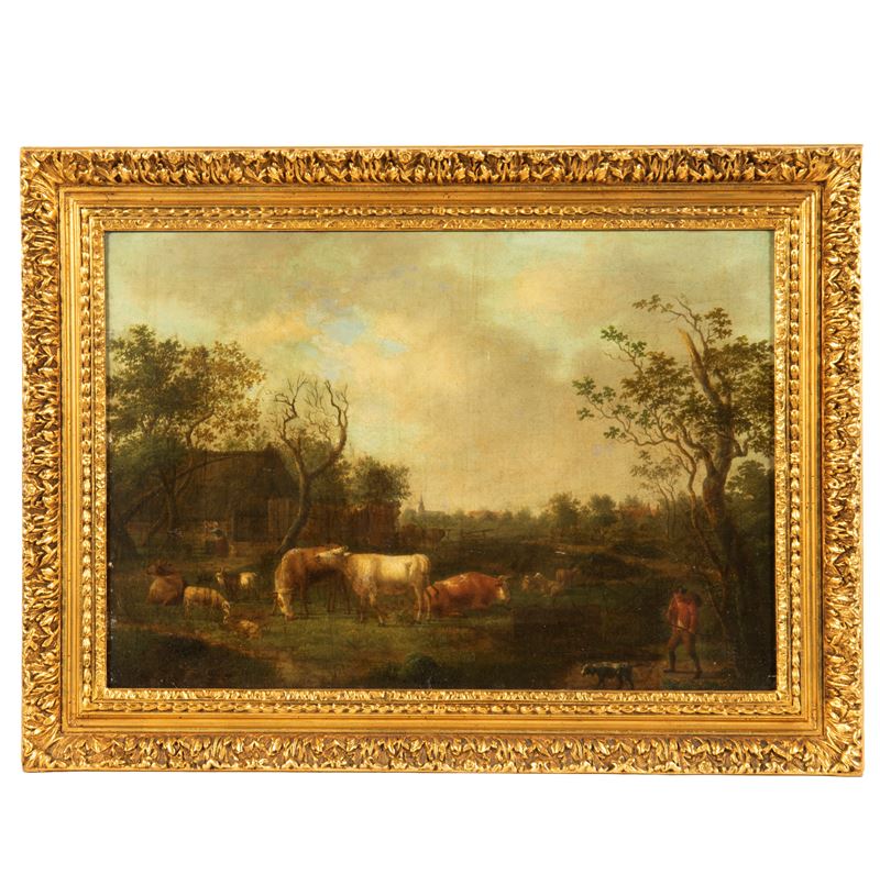 Scuola olandese, Paesaggio con armenti e pastori, olio su tela (sec. XVIII)