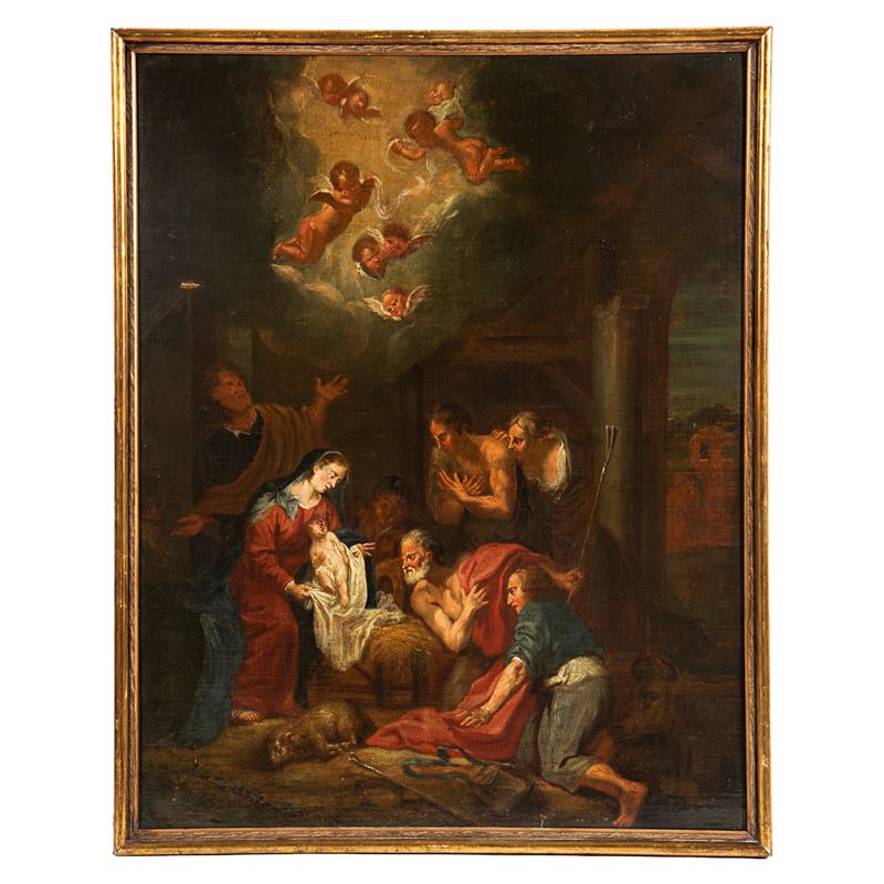 Scuola fiamminga, Adorazione dei pastori, olio su tela (sec. XVIII)