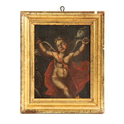 Scuola toscana, Putto alato con fiore, olio su tela riportato su tavola (sec. XVII)