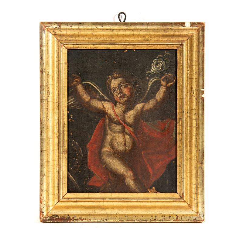 Scuola toscana, Putto alato con fiore, olio su tela riportato su tavola (sec. XVII)