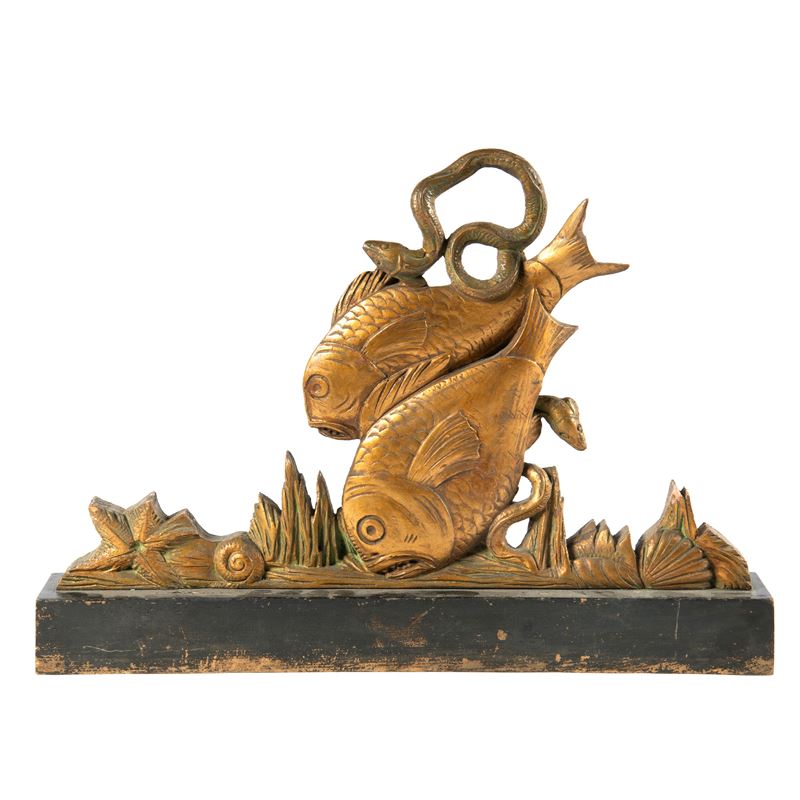 Scultura decorativa, coppia di pesci in legno laccato e dorato, stile Art Déco (sec. XX)