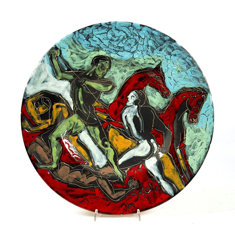 Guerriero, La Cava — grande piatto in ceramica (produzione italiana), anni ’60