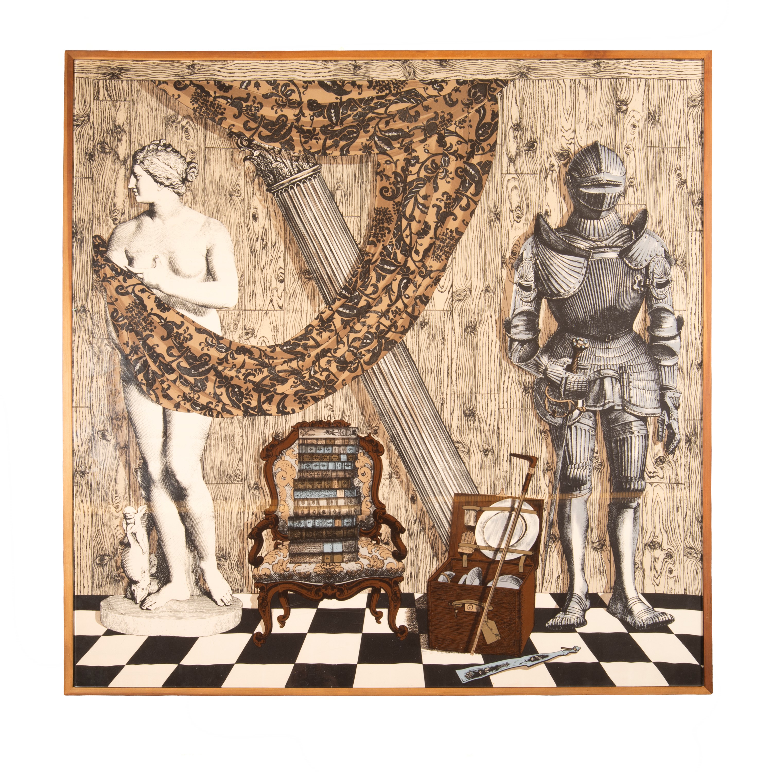 Tavolo, abete, piano in vetro con sottopiano decorativo stile Fornasetti, sec. XX