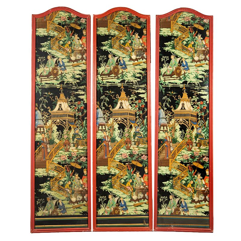 Sei pannelli di arte orientale, Scene di vita quotidiana, carta riportata su tela (sec. XX)
