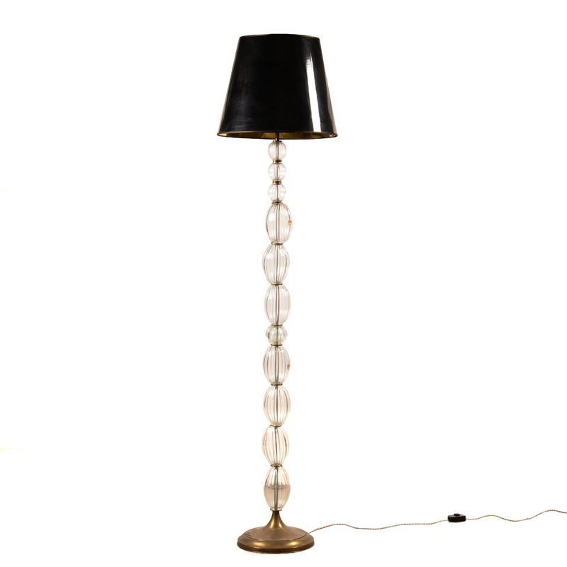 Barovier & Toso, Lampada da terra in vetro e ottone (produzione Italia, circa 1950)
