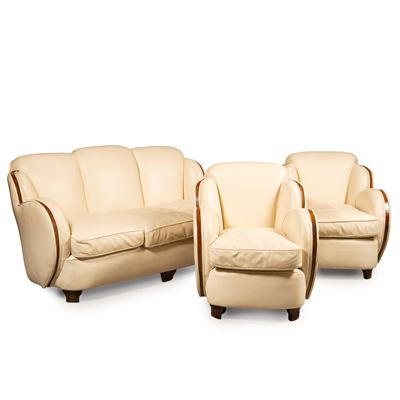 Salotto in stile Art Déco, divano e due poltrone in pelle con inserti in noce